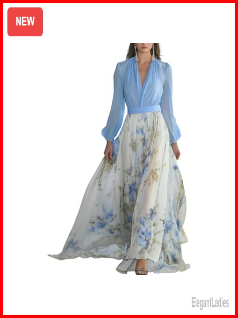 Floral Chiffon Long Sleeve V-Neck Empire Waist Maxi Wedding Guest Dress